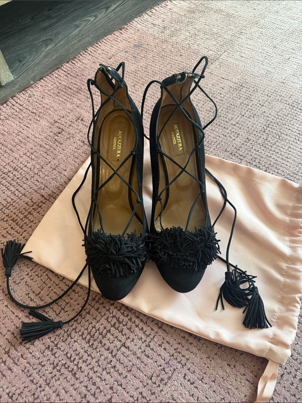 Aquazzura black suede block heel
